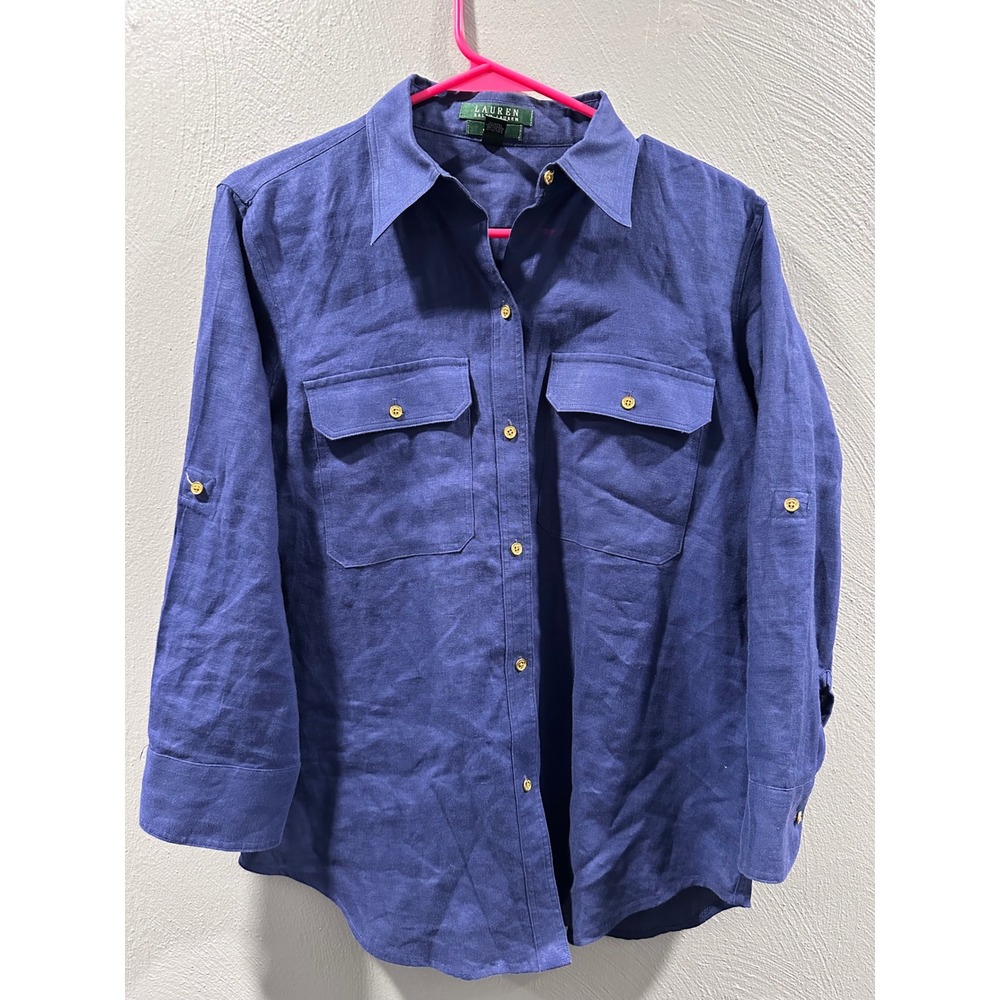 Lauren Ralph Lauren Women Blue 100% Linen Roll Tab Button Down Shirt Size M